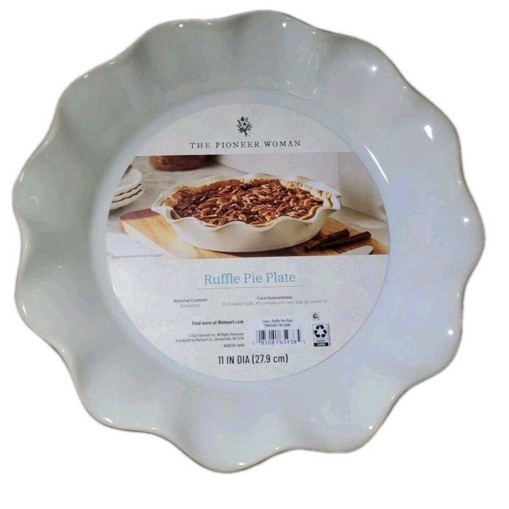 Pioneer Woman Colette Ruffled 11" Pie Plate Tart Dish Stoneware Linen White NEW